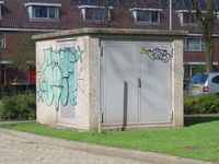 848300 Afbeelding van onlangs aangebrachte graffiti op het elektriciteitshuisje bij de toegang naar de expeditie van ...